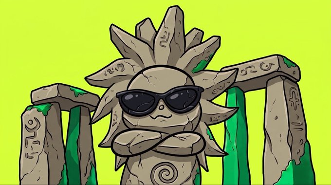 Illustration of a stone statue character wearing black sunglasses, with arms crossed, set against a lime green background with stone pillars.