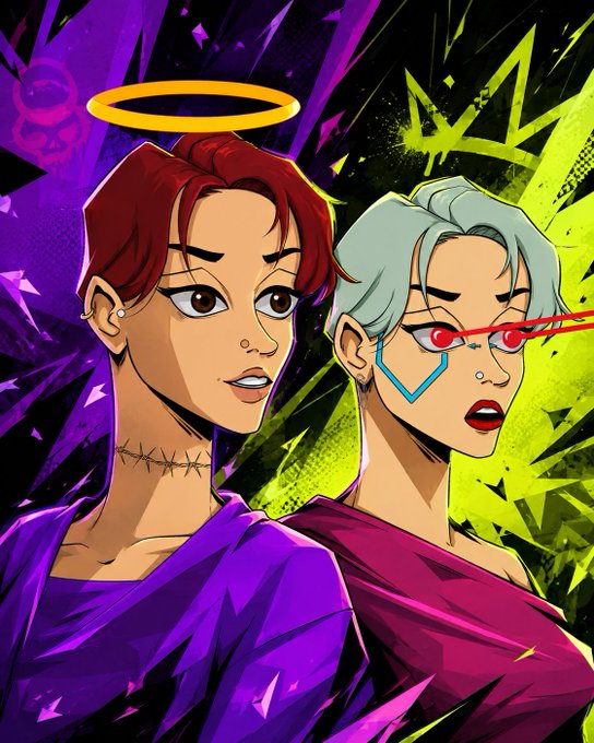 A vibrant comic-style illustration of two characters against a purple and neon green background; one has red hair with a golden halo, while the other has light blue hair with a green crown graphic and red laser eyes.