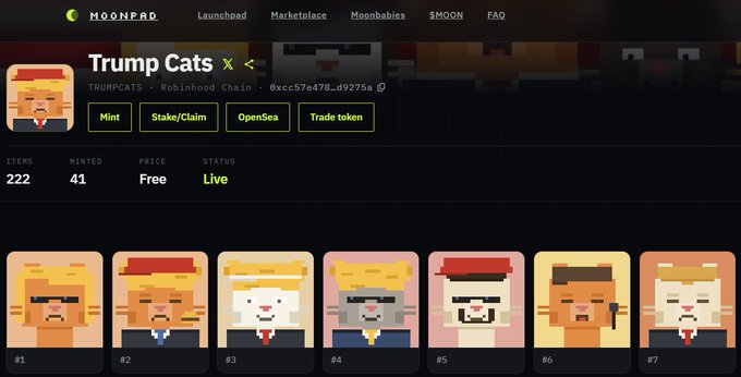 A screenshot of the Moonpad launchpad website showing a project called 'TRUMPCATS' on the Robinhood Chain, with pixel art cat avatars and options to Mint, Stake/Claim, OpenSea, and Trade.