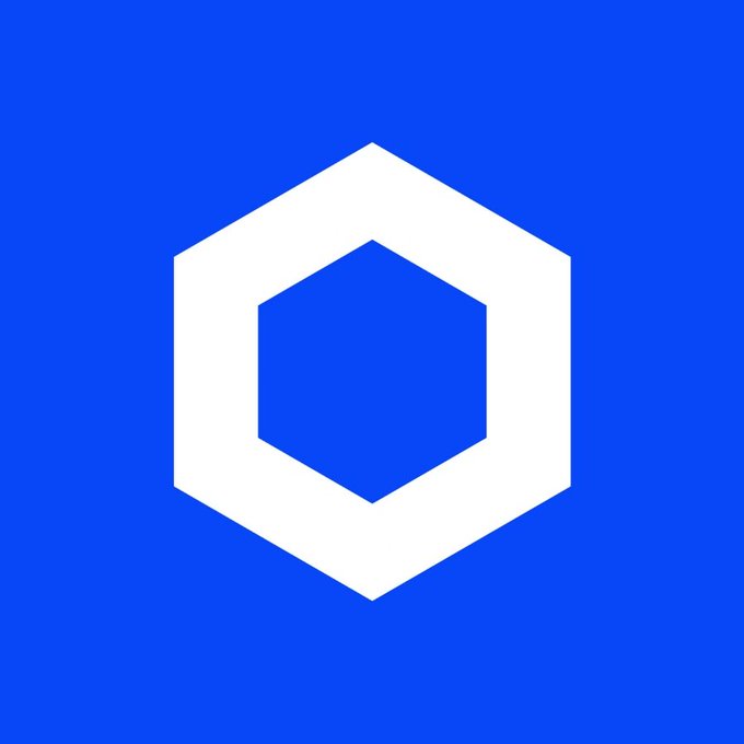 A simple white hexagon logo centered on a solid blue background, the Chainlink (LINK) cryptocurrency logo.