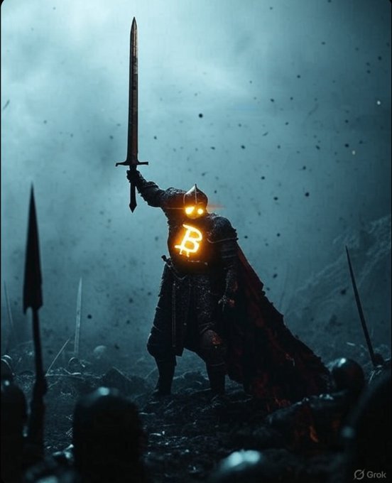 A lone warrior stands victorious on a smoky battlefield, raising a sword overhead with glowing Bitcoin eyes and logo, embodying the rebellious, sovereign spirit of a "toxic Bitcoin maxi" who rejects authority and trusts no one but themselves.
