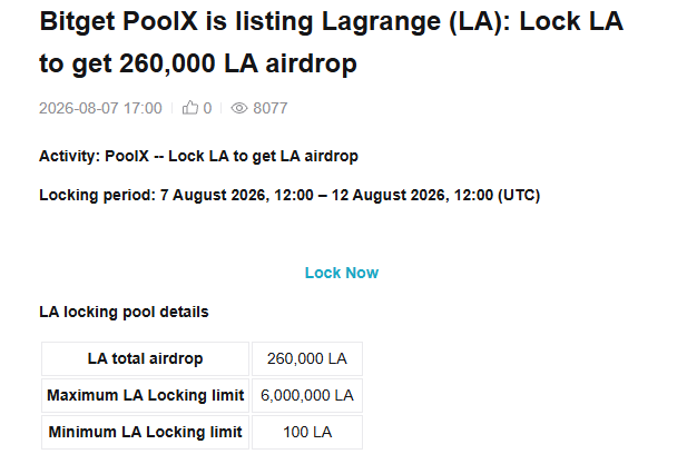 Announcement: 'Bitget PoolX is listing Lagrange (LA): Lock LA to get 260,000 LA airdrop', dated 2026-08-07, with locking period August 7-12, 2026, and a maximum lock limit of 6,000,000 LA.