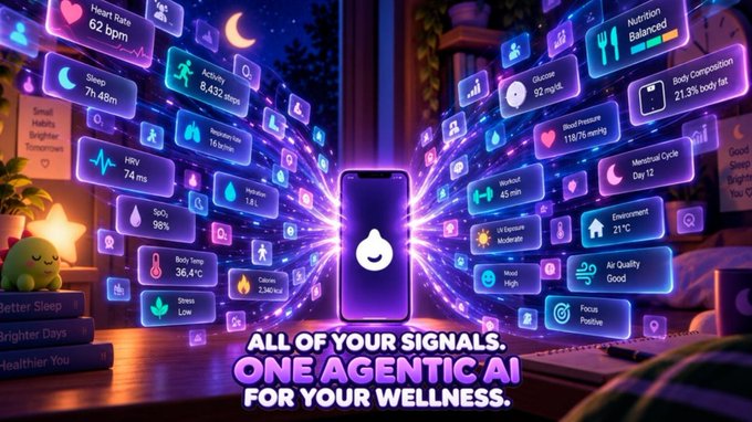 A vibrant digital wellness advertisement featuring a smartphone emitting colorful holographic health data panels, with the text 'ALL OF YOUR SIGNALS. ONE AGENTIC AI FOR YOUR WELLNESS.'