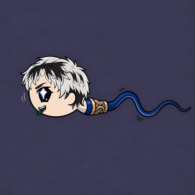 Chibi-style cartoon character with white and black hair, large anime eyes, and a blue serpentine body/mouth piece on a purple background.