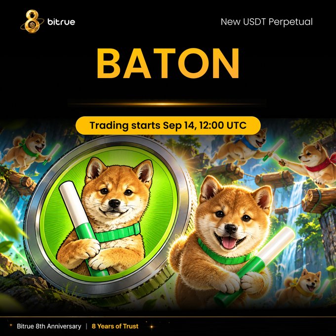 A Bitrue promotional graphic announces the new $BATON USDT perpetual contract with trading starting September 14 at 12:00 UTC, featuring cheerful Shiba Inu mascots wielding green batons in a jungle setting alongside the "Bitrue 8th Anniversary | 8 Years of Trust" branding.