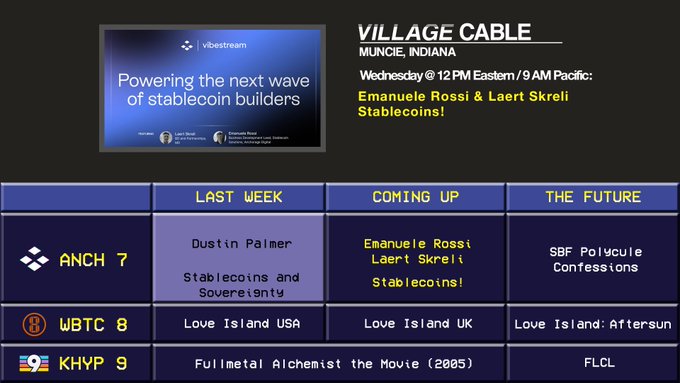 The image is a "Village Cable" channel guide from Muncie, Indiana, highlighting an upcoming Vibestream titled "Powering the next wave of stablecoin builders" featuring Emanuele Rossi and Laert Skrelji discussing "Stablecoins!" airing Wednesday at 12 PM Eastern/9 AM Pacific. The schedule shows past and upcoming programming across channels ANCH 7, WBTC 8, and KHYP 9, including topics like stablecoins, Love Island, and Fullmetal Alchemist. This relates to the post by previewing the upcoming stablecoin discussion between the featured guests.