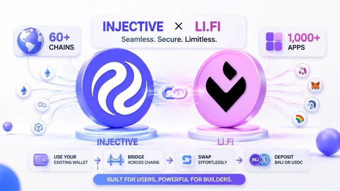 A promotional banner for INJECTIVE × LI.FI partnership with the tagline 'Seamless. Secure. Limitless,' highlighting 60+ chains, 1,000+ apps, and features like wallet usage, cross-chain bridging, effortless swapping, and deposits in $INJ or $USDC.