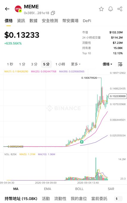 The screenshot displays the Binance trading page for the meme coin $MEME (contract: 0x385f...281e18), showing a current price of $0.13233 with a massive +639.56% gain on the 5-minute chart, a market cap of $123.33M, and a 24-hour volume of $114.2M. The chart illustrates the token's dramatic parabolic surge to over $0.18 before pulling back, visually corroborating the poster's claim of unexpectedly waking up to find their $MEME holdings had exploded toward a $100M+ valuation overnight.