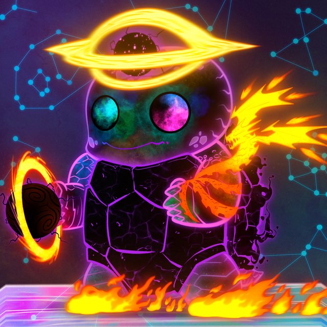 A vibrant digital illustration of a purple robot-like character with glowing galaxy eyes, a fiery halo, and flaming hands and feet against a cosmic background.