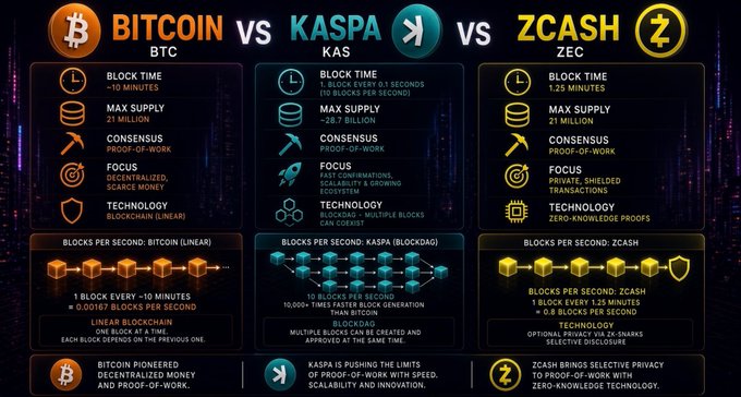 An infographic compares "BITCOIN VS KASPA VS ZCASH", detailing differences in block time, max supply, consensus, focus, and technology (BTC uses blockchain linear, KAS uses blockDAG, ZCASH uses zero-knowledge proofs).