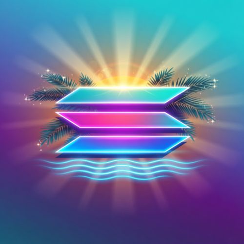 The image features a vibrant and colorful design, with two lines of neon blue squares connected by horizontal rays extending outwards. The background is a gradient transitioning from dark blue at the top to purple at the bottom, providing contrast for the bright elements. Alongside this design, there are palm trees and leaves depicted in various shades of green, adding an element of nature to the composition. In addition, there are stars scattered throughout the image, further enhancing its visual appeal. The post caption suggests that these colors might be related to a Solana Summer event or festival.