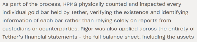 A text excerpt showing KPMG's audit of Tether's gold reserves, describing how KPMG "physically counted and inspected every individual gold bar held by Tether, verifying the existence and identifying information of each bar," which supports the post's claim that "Tether Gold is safu" (safe) by demonstrating third-party verification of the asset-backed tokens.