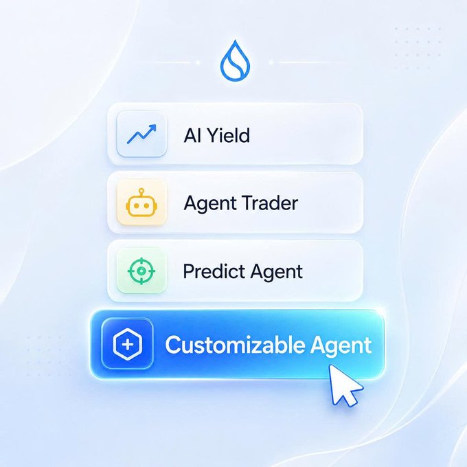 A digital interface showing menu options for 'AI Yield', 'Agent Trader', 'Predict Agent', and 'Customizable Agent', with a cursor hovering over the highlighted 'Customizable Agent' button.