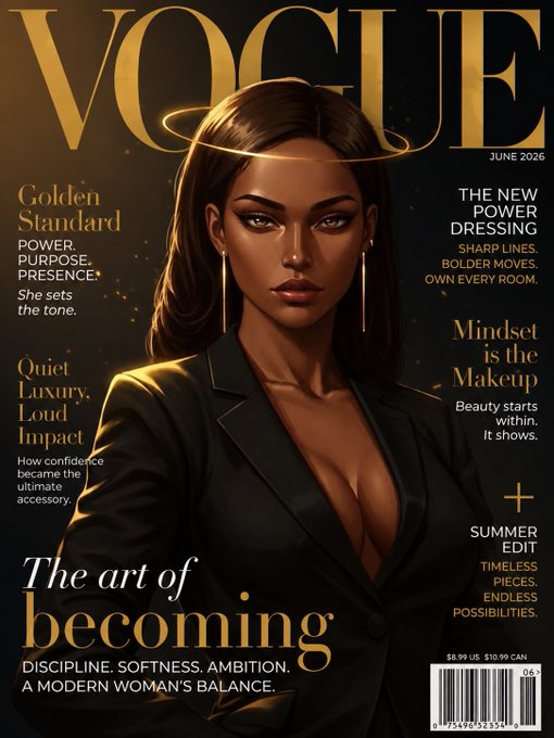 The image features a woman wearing a black suit, standing against a gold background with a magazine cover featuring her as the main subject. The title of the magazine is "Vogue" and the date displayed is "June 20". There are also some text elements in the image that include "The art of becoming", "discipline, softness, ambition", "a modern woman's balance", and "Good Morning CT No long talks today my eyes hurt, I lack sleep and I can't sleep. Send milk and check out my pinned post". The woman is positioned on the cover with her head tilted to one side, giving a unique perspective of her appearance.