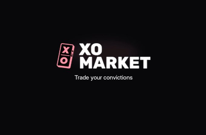 A logo on a black background featuring a pink stamp-like icon with 'XO' next to the text 'XO MARKET' and the tagline 'Trade your convictions'.