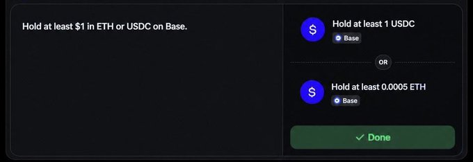 A dark-themed interface displays a wallet requirement card stating "Hold at least $1 in ETH or USDC on Base," with options to hold at least 1 USDC or 0.0005 ETH on the Base network. The image illustrates the post's advice about maintaining a legitimate-looking Base wallet by holding small amounts of USDC and ETH.
