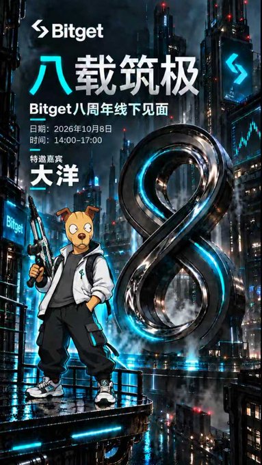 A promotional poster for Bitget's 8th anniversary offline meetup, dated October 8, 2026 (14:00-17:00), featuring a cartoon dog character holding a gun with a large number 8 in a cyberpunk city setting.