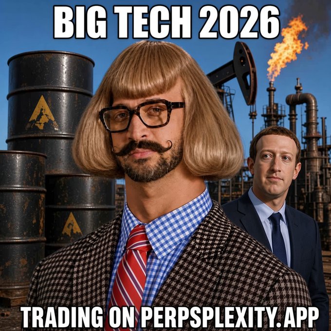 A satirical meme titled "BIG TECH 2026 - TRADING ON PERPSPLEXITY.APP" showing a figure in a brown bob wig, glasses, and mustache in front of an oil refinery, with another suited man standing behind him.