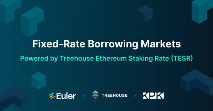 The image features a banner for fixed-rate borrowing markets, with Treehouse Euler and KPK being two of the companies featured. The banner also includes text that reads "Euler", "KPK", and "treehouse ethreum stake rate (tesr)".
