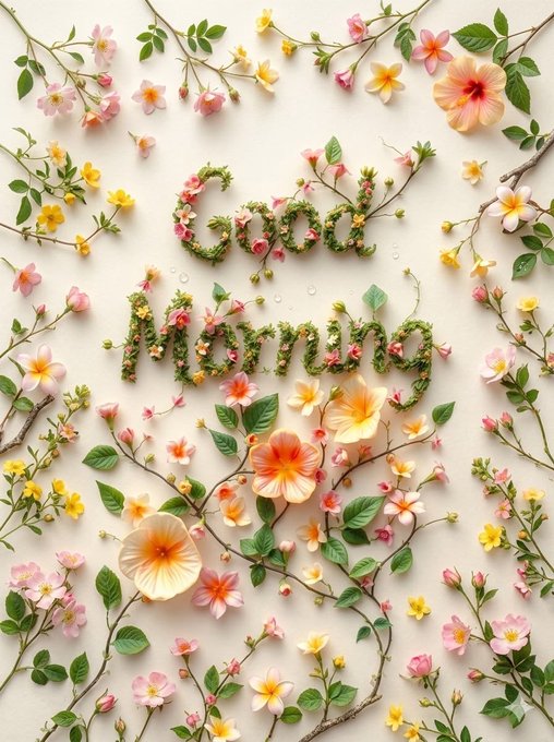 An artistic, floral graphic spelling out the words 'Good Morning' using green leaves and pink and yellow flowers against a white background.