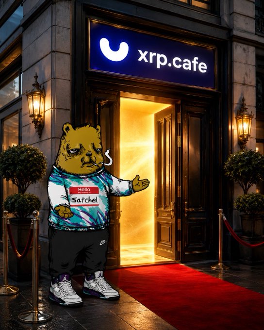 An AI-generated image showing a sad-looking bear character wearing a 'Hello Satchel' name tag, Nike pants, and sneakers, standing at the entrance of an upscale establishment with an 'xrp.cafe' sign and red carpet.