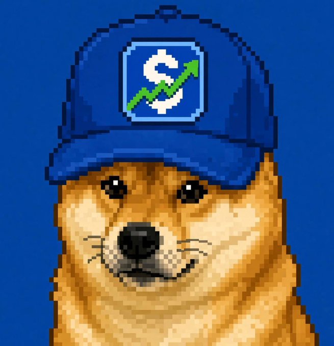 A pixel art illustration of a Shiba Inu dog wearing a blue cap with a dollar sign and green upward arrow logo.