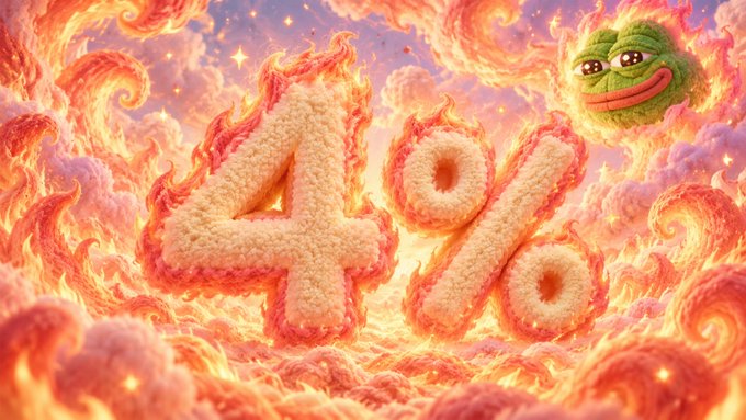 The image features a fluffy, textured "4%" surrounded by vibrant fire and pink clouds, with a meme-style green character in the corner, visually emphasizing the burning of 4% of the FWA token supply mentioned in the post.