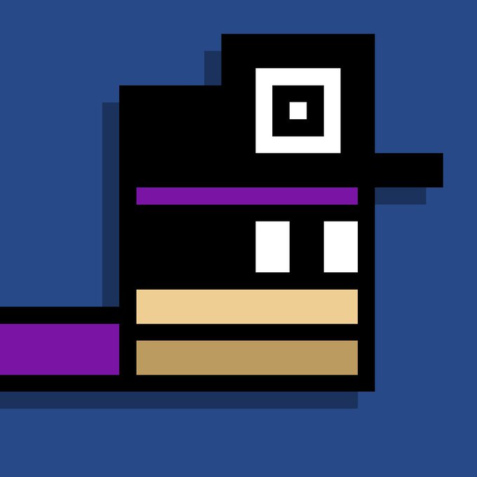 A pixel art image of a black, boxy character with a white square eye and purple and tan stripes, set against a blue background, representing one of the collectible Simian NFTs referenced in the post about minting and warping Simians on the ord.net foundry.