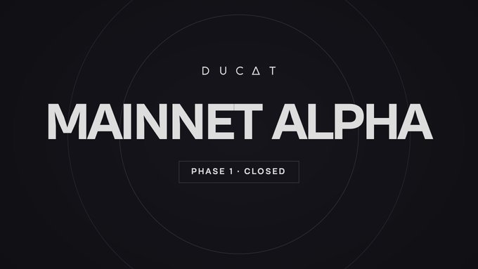 A sleek black promotional graphic displaying "DUCAT MAINNET ALPHA" with "PHASE 1 - CLOSED" below, indicating the protocol's first mainnet phase is complete as it rolls out its Bitcoin-native credit and stablecoin solution.