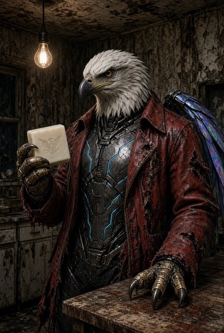 A dark, atmospheric digital artwork of a bald eagle-human hybrid wearing a tattered red coat and metallic armor with blue glowing accents, holding a small golden tablet with an emblem in a dilapidated room lit by a single hanging bulb.