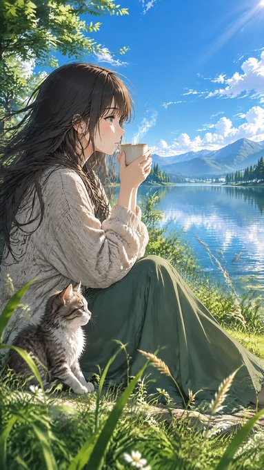 An anime-style illustration of a dark-haired woman drinking from a white mug while sitting in a grassy field beside a lake, with a tabby cat resting beside her.