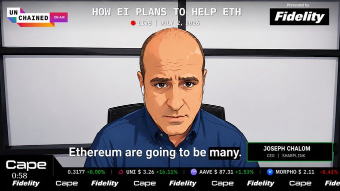 The image is a still from a livestream titled "HOW EI PLANS TO HELP ETH" on Unchained, featuring an illustration of CEO Joseph Chalom of SharpLink with the quote "Ethereum are going to be many," and ticker prices showing UNI at $3.26 (+16.11%) and AAVE at $87.31 (+1.53%). The post references Chalom's prediction of parabolic ETH volumes, tying it to Optimum's RLNC-powered data acceleration network as critical infrastructure for Ethereum's growth.
