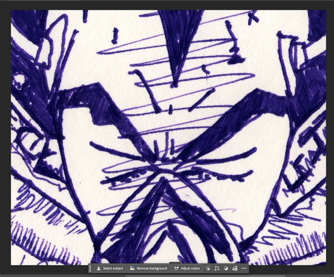 Close-up photo of a blue marker sketch showing rough, abstract geometric shapes with crosshatching lines, with a photo editing toolbar visible at the bottom.