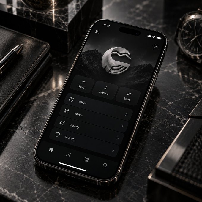 Smartphone displaying a dark-themed cryptocurrency wallet app (Send, Receive, Swap, Wallet, Assets, Activity, Security) resting on a black marble surface next to a leather wallet and watch.