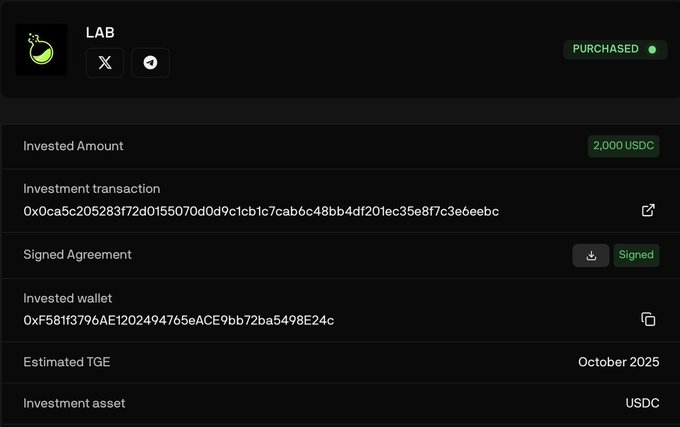 A screenshot of a computer screen with a black box that has a white header at the top displaying "Invested amount" and a green checkmark in the lower right corner. Below the main content, there's additional information about an investment made for the lab on native community. The value of this investment is now $1,080,000 after 9 months, which means 540 times more than what was invested at the beginning.