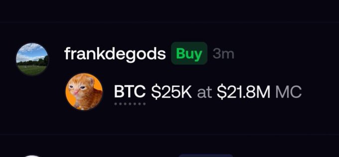 A social media post showing a user named 'frankdegods' with a 'Buy' tag, stating 'BTC $25K at $21.8M MC' alongside a cat profile picture.