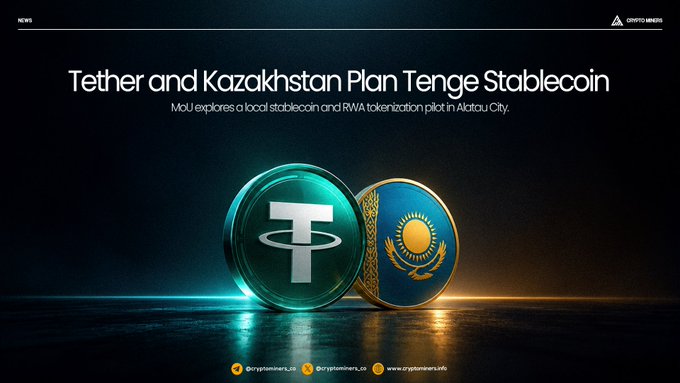A news graphic titled "Tether and Kazakhstan Plan Tenge Stablecoin" showing a Tether (USDT) coin alongside a Kazakhstan emblem, by cryptominers_ua.