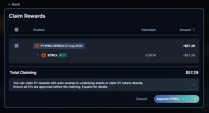 The image shows a "Claim Rewards" interface displaying 0.5979 STRCx (~$57.29) claimable from a YT-STRCx position expiring 27 Aug 2026, with an option to approve STRCx for claiming. This illustrates the auto-unwrap reward functionality discussed in the post about xStocksFi, showing how users can accumulate and claim yield through YT-STRCx positions despite the project's unclear tokenomics details.