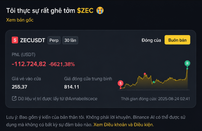 A Binance futures trading interface shows a ZECUSDT perpetual contract with 30x leverage that was closed at a loss, displaying PNL of -112,724.82 USDT (-6621.38%), with Vietnamese text expressing frustration about ZEC.