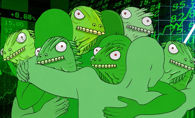 A group of green "Creepz" NFT characters embrace each other in a group hug, set against a backdrop of a stock market chart with a green upward trend showing numbers like "+0.68%" and "15.00," symbolizing bullish excitement among holders celebrating Adam Weitsman securing the project's treasury.
