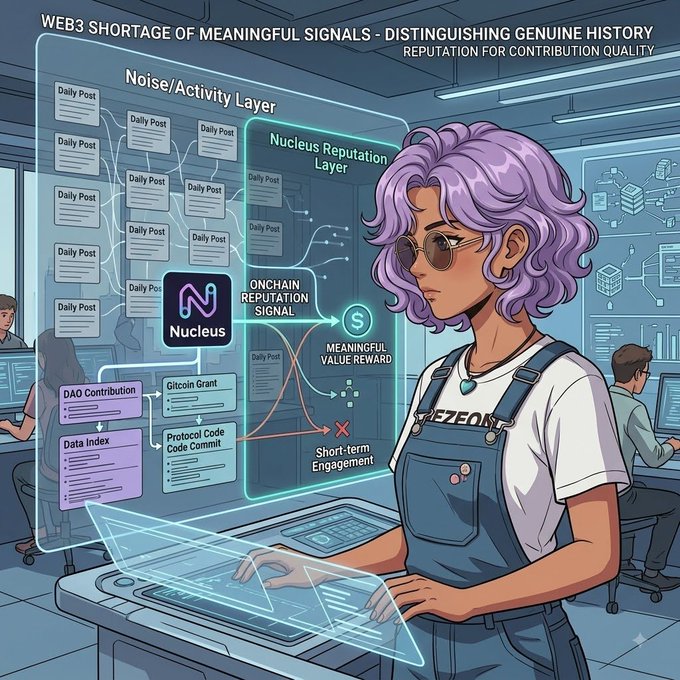 An anime-style illustration of a purple-haired woman with glasses working at a holographic interface, surrounded by technical diagrams and text including 'WEB3 SHORTAGE OF MEANINGFUL SIGNALS - DISTINGUISHING GENUINE HISTORY', 'Noise/Activity Layer', 'Nucleus Reputation Layer', and the 'Nucleus' logo.