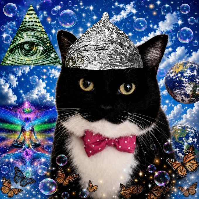 A whimsical, surreal digital collage of a tuxedo cat wearing a tinfoil hat and pink polka-dot bow tie, surrounded by butterflies, bubbles, Earth globes, an Illuminati eye pyramid, and a meditating figure against a starry sky.