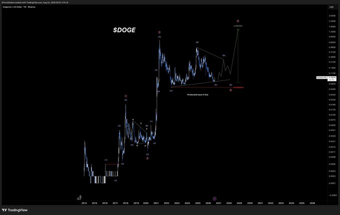 A TradingView chart of $DOGE/USDT on Binance displays a long-term bullish technical analysis, featuring a massive projected move labeled "2,144.43%" alongside an annotation noting "PreBullish wave 5 has." The chart visualizes the macro wave structure supporting the post's claim that holding current levels would establish the first macro higher-low, setting the stage for the final wave 5 with a potential 2,000% upside target.
