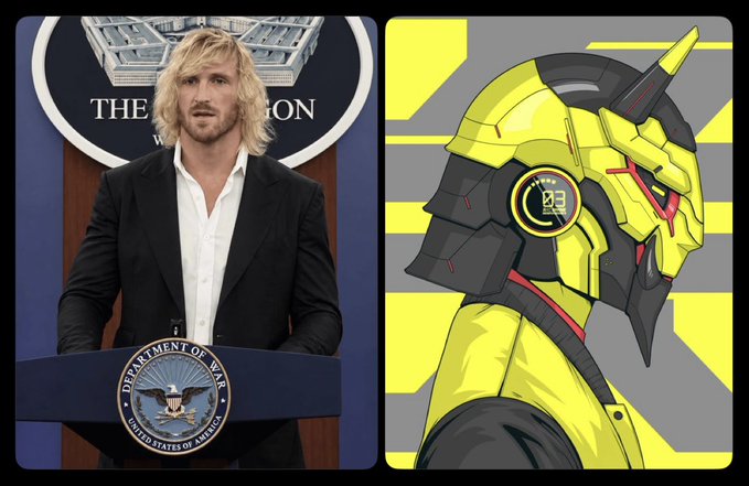 Side-by-side image showing a man in a suit at a 'DEPARTMENT OF DEFENSE' podium next to a yellow robotic mech character design.