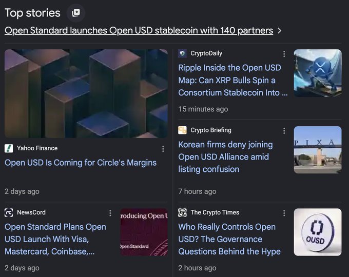 The image shows a Google News "Top stories" section about the launch of Open USD stablecoin by Open Standard with 140 partners, featuring headlines from sources like Yahoo Finance, CryptoDaily, NewsCord, Crypto Briefing, and The Crypto Times covering topics such as Open Standard's plans with Visa, Mastercard, and Coinbase, Korean firms' denial of joining the alliance, and questions about OUSD governance. The post's caption about "neo finance" and "corpo chain" relates to the image as it comments on the corporate/financial institutionalization of crypto (the Open Standard consortium with major partners like Visa and Mastercard), viewing this corporate involvement as bullish for mainstream adoption despite the user's mixed feelings about it.