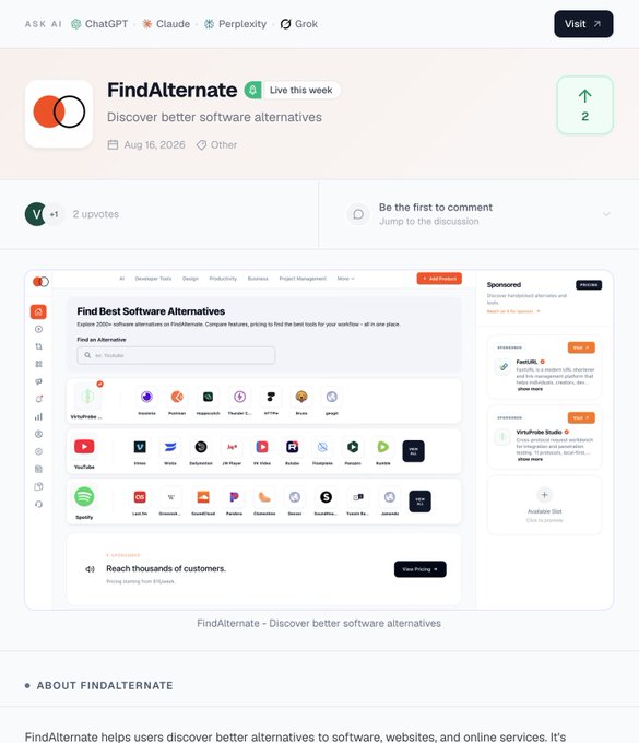 A webpage screenshot from Product Hunt featuring 'FindAlternate', a tool to 'Discover better software alternatives', with the post dated Aug 16, 2026 and showing 2 up votes.