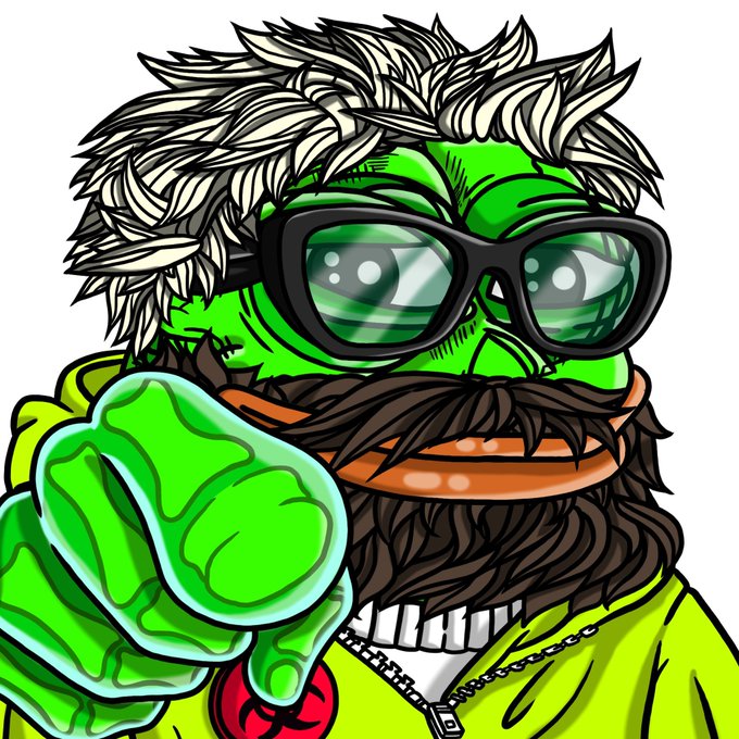 A cartoon green monster character with wild gray hair, sunglasses, a brown beard, and a green hoodie pointing at the viewer while wearing chains.