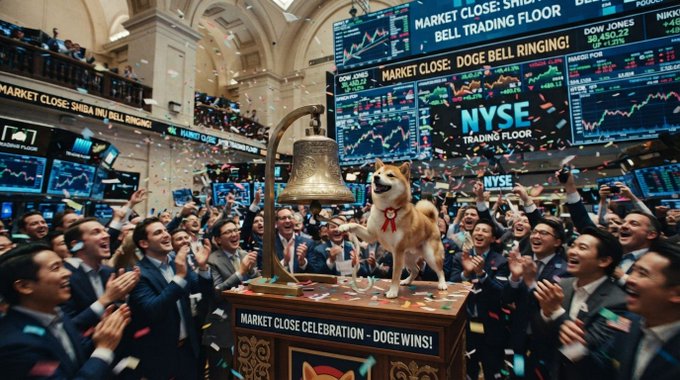 A vibrant scene of a stock trading floor celebrating the 'DOGE BELL RINGING' and 'MARKET CLOSE: DOGE WINS!', with a Shiba Inu dog standing on a podium ringing the bell as confetti falls.