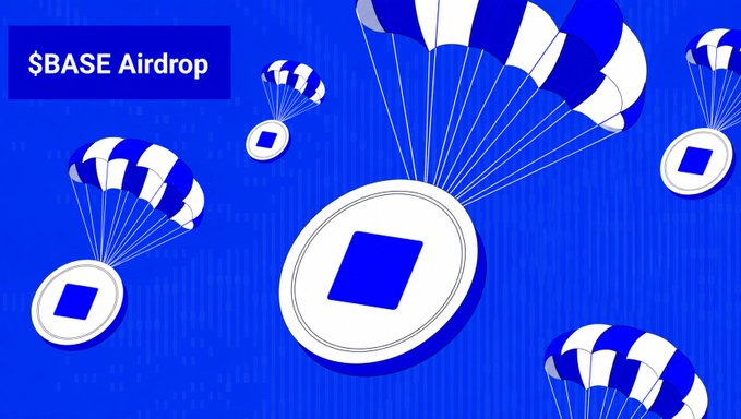 The image shows a stylized "$BASE Airdrop" graphic with blue and white parachutes dropping coins featuring the Base (square) logo, visually representing the token distribution event. The accompanying text suggests the author is reluctantly favoring Coinbase's Base ecosystem over competitors due to opportunities in RWA, stablecoins, forex-style payments, x402, and AI Agent sectors, with the airdrop symbolizing their strategy of aligning with Base for potential gains.