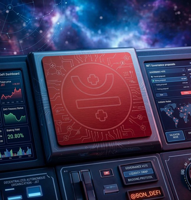 A sci-fi style digital dashboard displays DeFi metrics including 'Token price JST', 'DAO Treasury Status', 'Staking Yield 20.80%', 'NFT Governance proposals', 'GOVERNANCE VOTE', 'LIQUIDITY SWAP', and 'BRIDGING PROTOCOL' alongside a red central panel with a stylized face design and the handle '@BON_DEFI'.